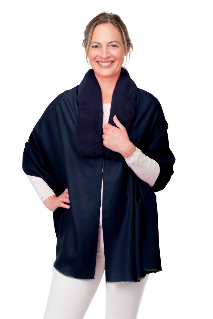 Azzura Navy Wrap With Faux Fur Collar