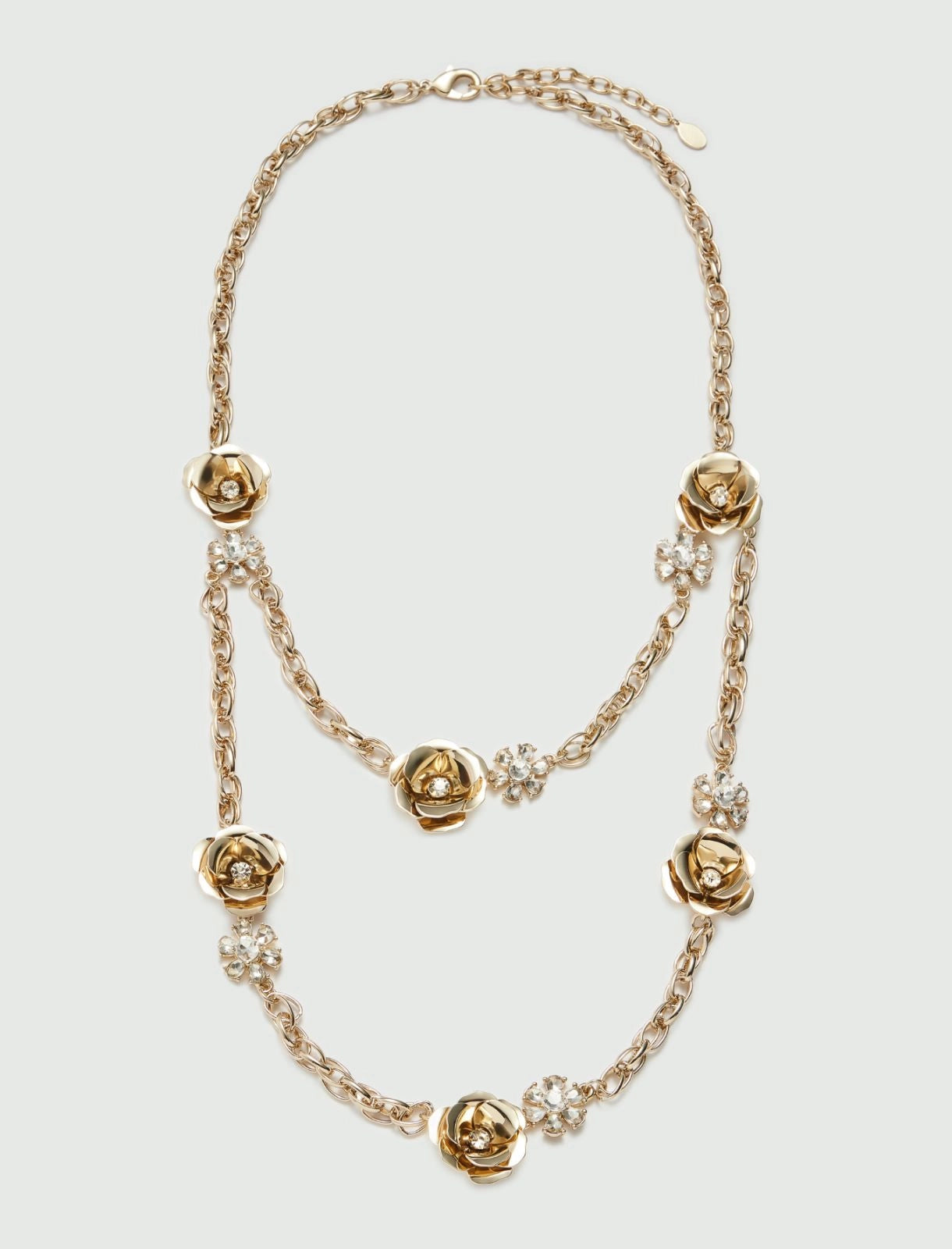 Long flower and rhinestone necklace - Gold - 25 Bell Street