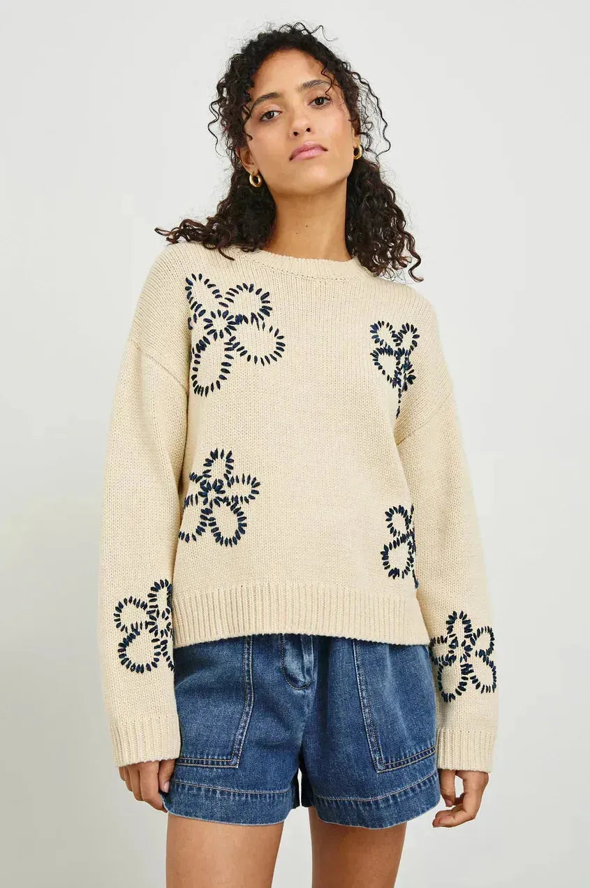 Zoey Sweater - Ivory Navy Stitched Daisies - 25 Bell Street