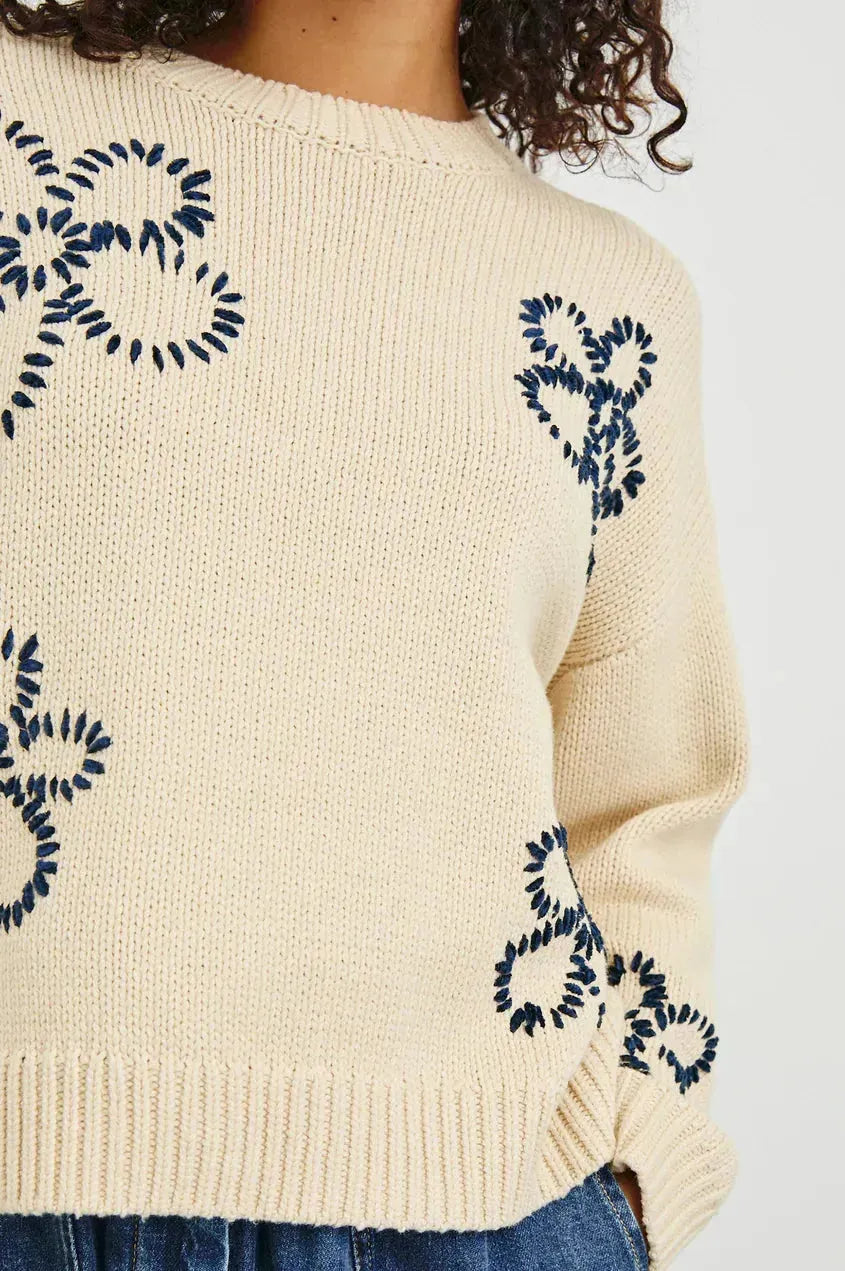 Zoey Sweater - Ivory Navy Stitched Daisies - 25 Bell Street