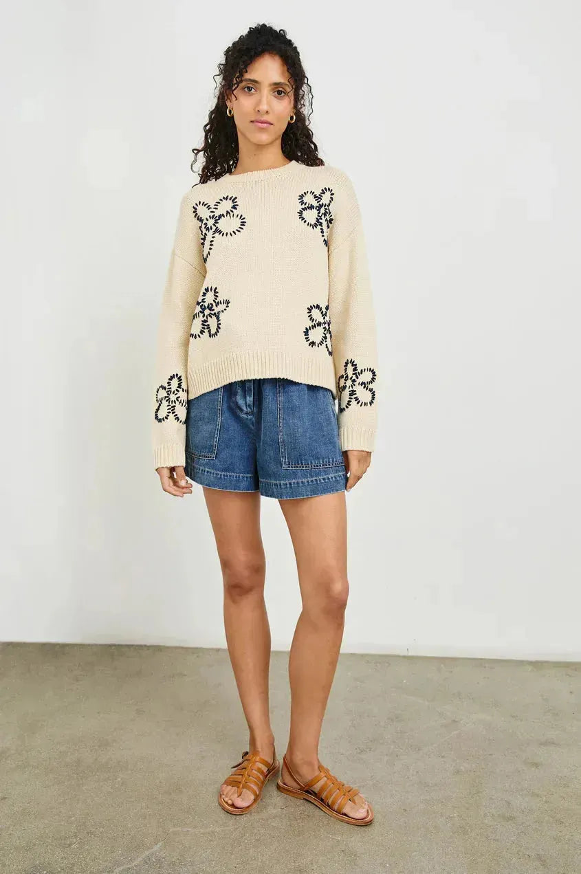 Zoey Sweater - Ivory Navy Stitched Daisies - 25 Bell Street