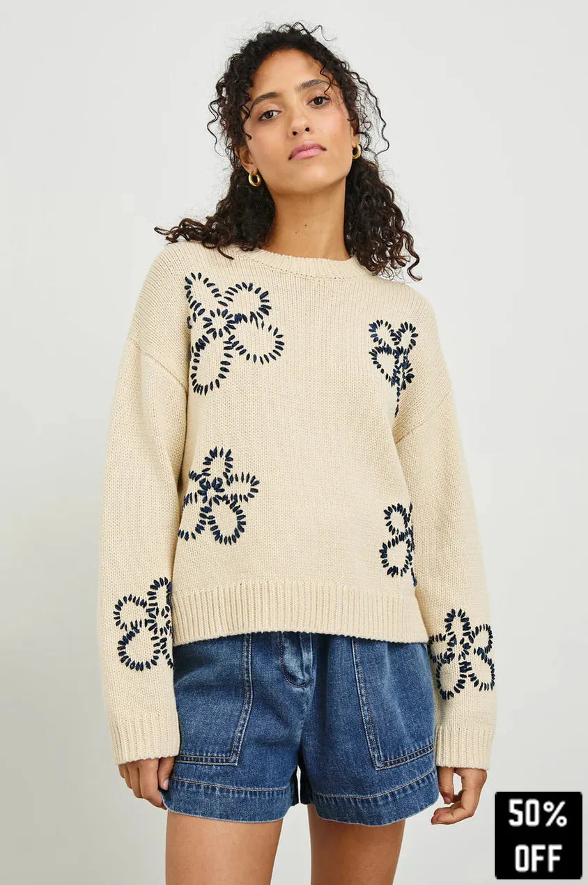Zoey sweater Ivory Navy Stitched Daisies - 25 Bell Street