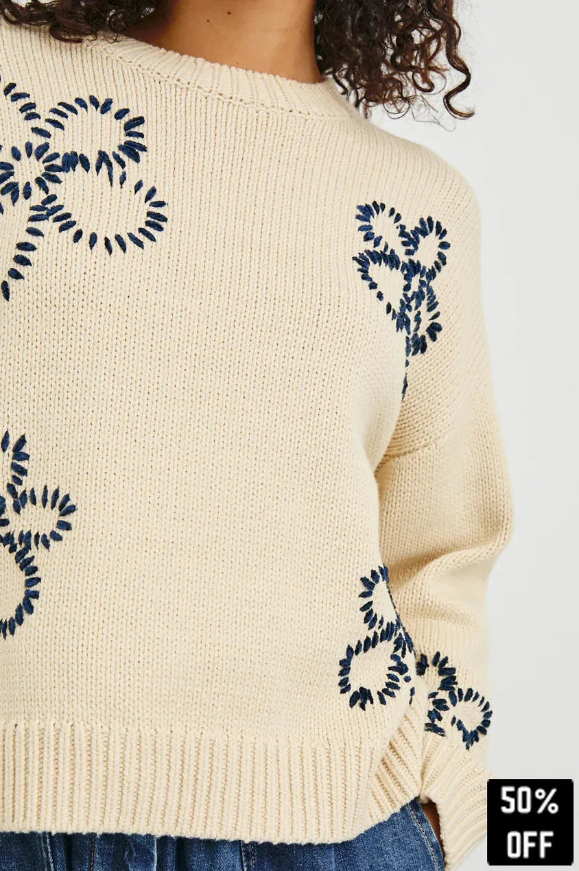Zoey sweater Ivory Navy Stitched Daisies - 25 Bell Street