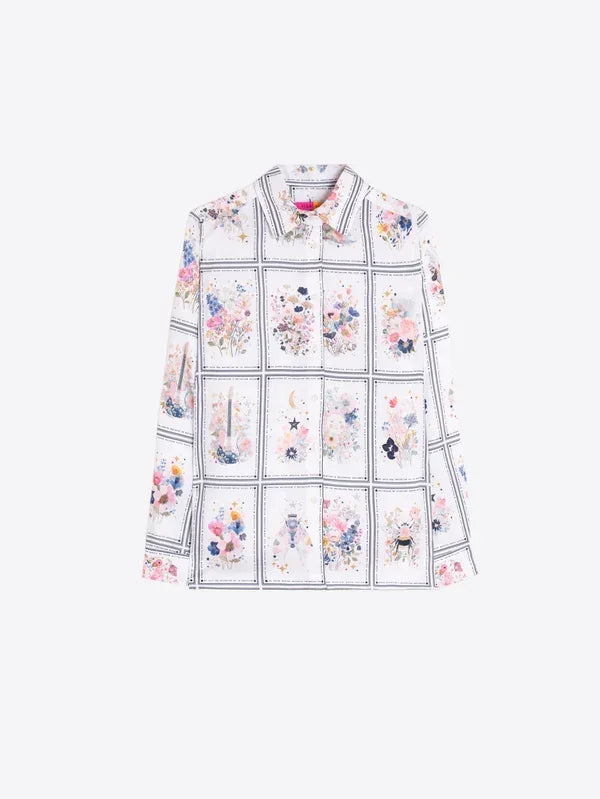 White long-sleeve button-down shirt with colorful floral and botanical grid print