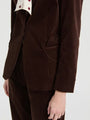 Women's luxury dark brown velvet blazer and matching trousers set.