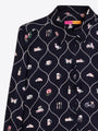 Navy blue long sleeve button-up shirt with whimsical patterned motifs and scalloped design.