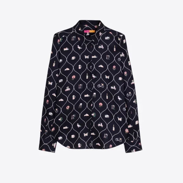 Black long-sleeve button-down shirt with white geometric pattern and whimsical prints.
