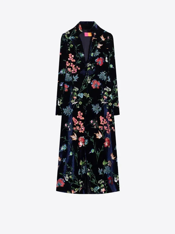 Long black velvet coat with colorful floral embroidery