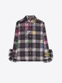 Black plaid long sleeve button-down shirt with colorful graphic doodle prints