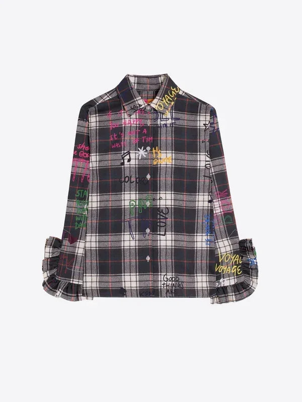 Black plaid long sleeve button-down shirt with colorful graphic doodle prints