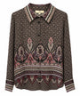Women's long sleeve button-down shirt with dark brown and pink bohemian paisley print.
