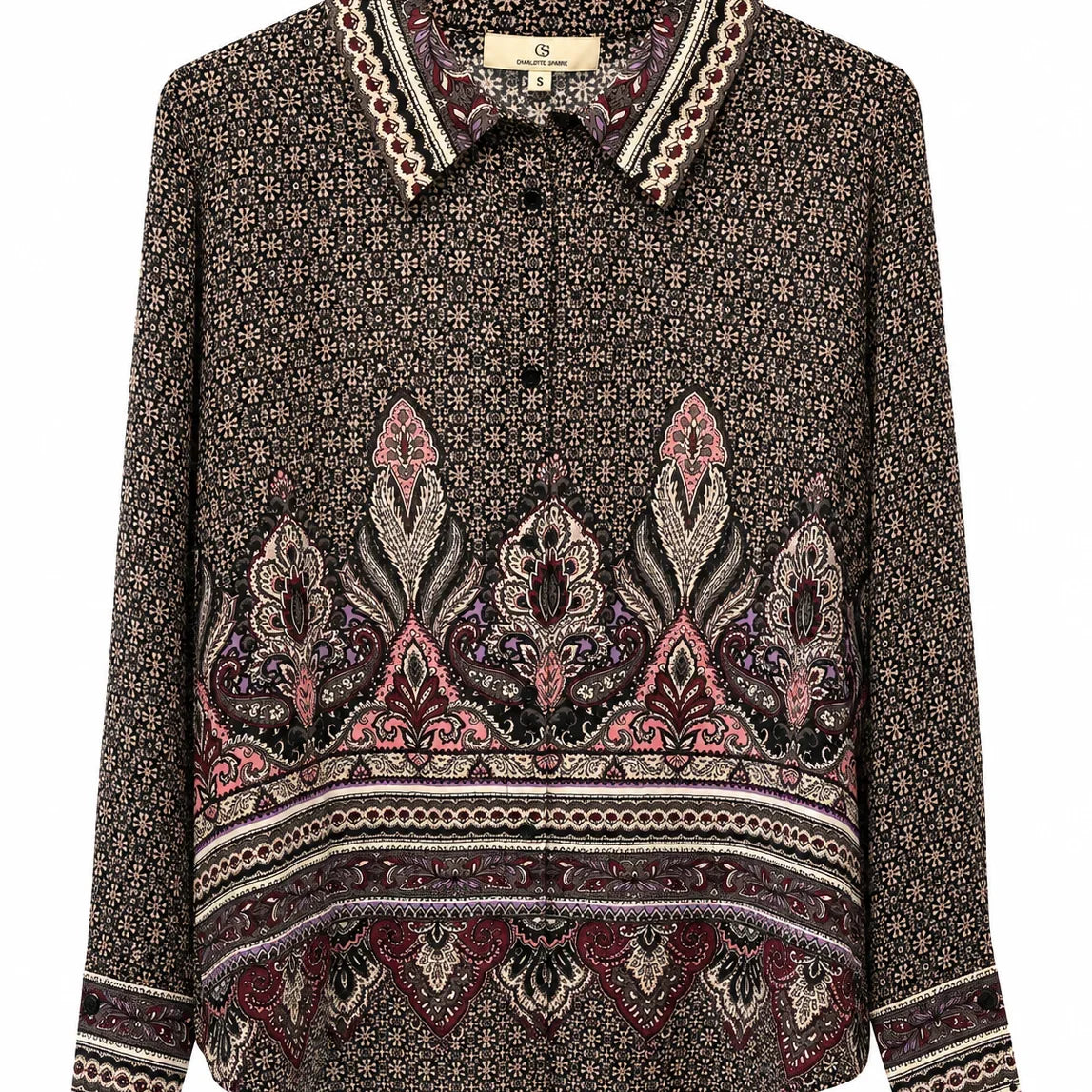 Women's long sleeve button-down shirt with dark brown and pink bohemian paisley print.