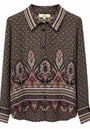 Women's long sleeve button-down shirt with dark brown and pink bohemian paisley print.