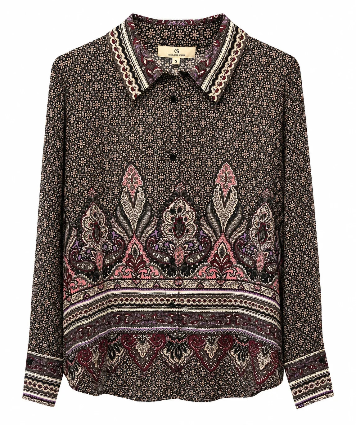 Women's long sleeve button-down shirt with dark brown and pink bohemian paisley print.