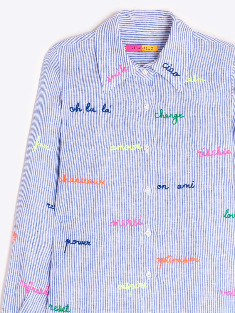BLUE SHIRT WITH STRIPES AND EMBROIDERED WORDS - 25 Bell Street