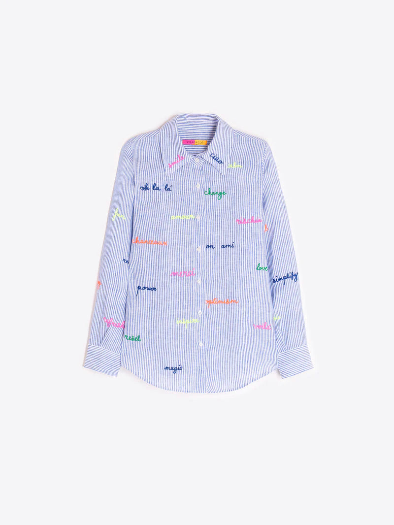 BLUE SHIRT WITH STRIPES AND EMBROIDERED WORDS - 25 Bell Street