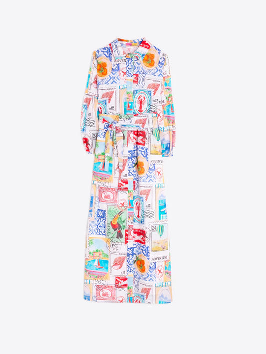 LONG DRESS WITH TRAVEL STAMP PRINT - 25 Bell Street