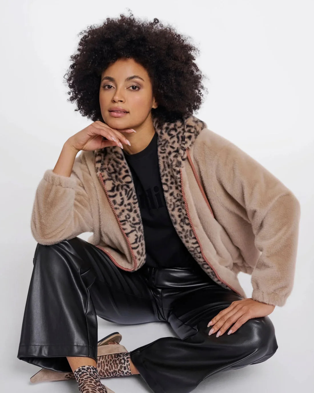 Ori Bomber Jacket with Leopard Collar - Oat