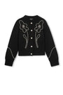 Black knit cardigan with white floral embroidery and button front