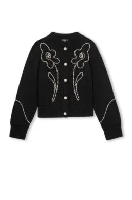 Black knit cardigan with white floral embroidery and button front