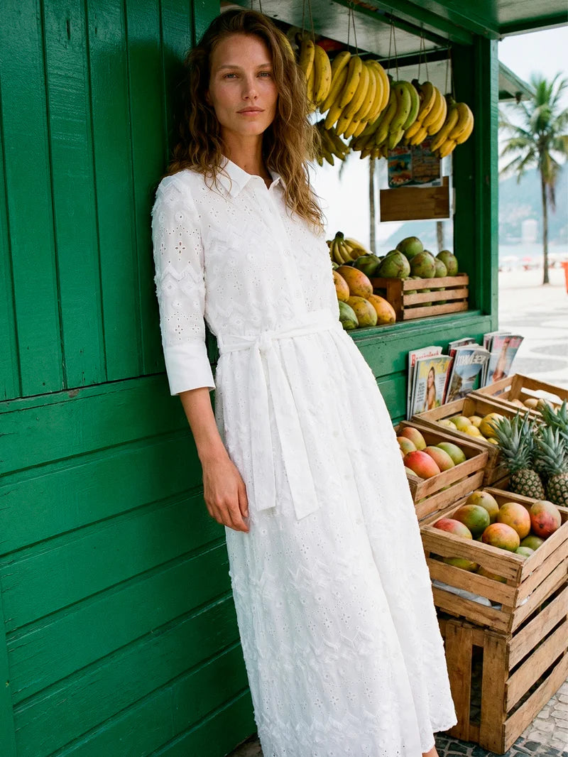 WHITE EMBROIDERED DRESS WITH BELT - 25 Bell Street