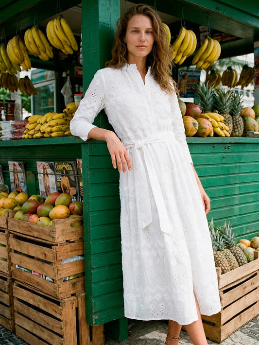 WHITE EMBROIDERED DRESS WITH BELT - 25 Bell Street