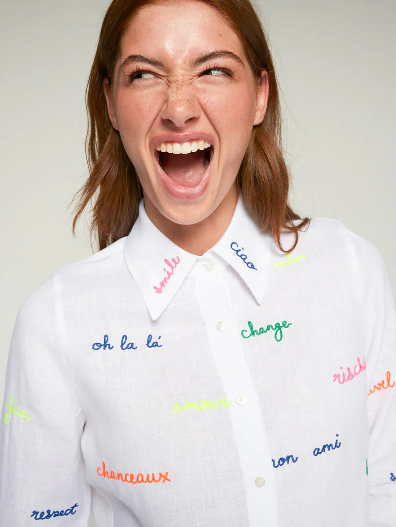 WHITE SHIRT WITH EMBROIDERED WORDS - 25 Bell Street