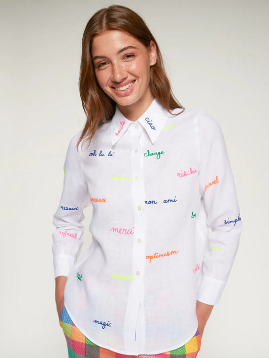 WHITE SHIRT WITH EMBROIDERED WORDS - 25 Bell Street