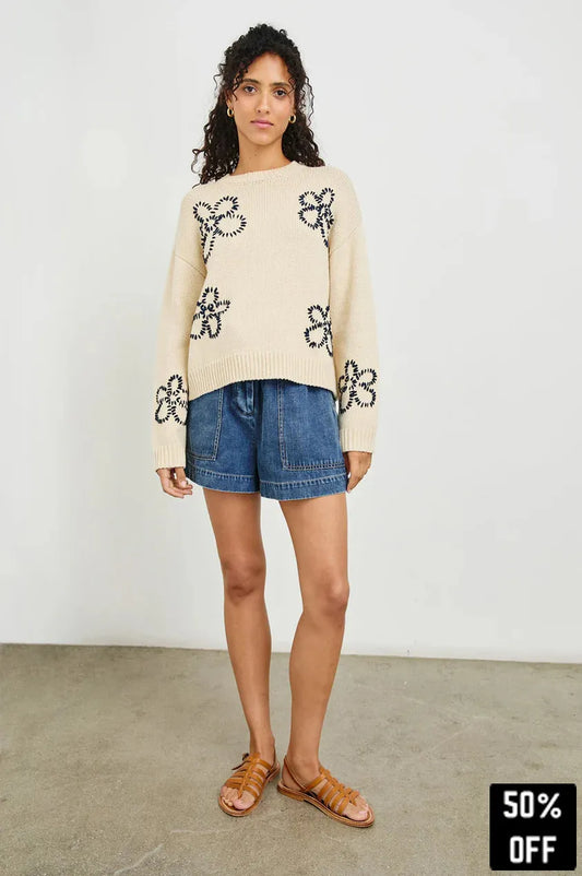 Zoey sweater Ivory Navy Stitched Daisies - 25 Bell Street