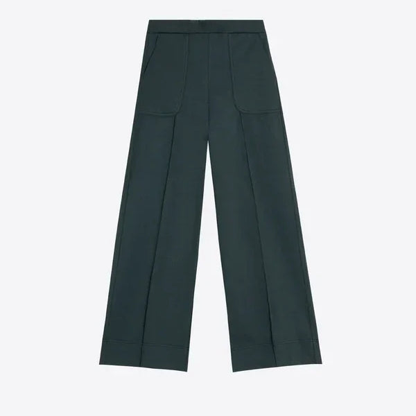 Dark green wide-leg designer trousers for women with front patch pockets