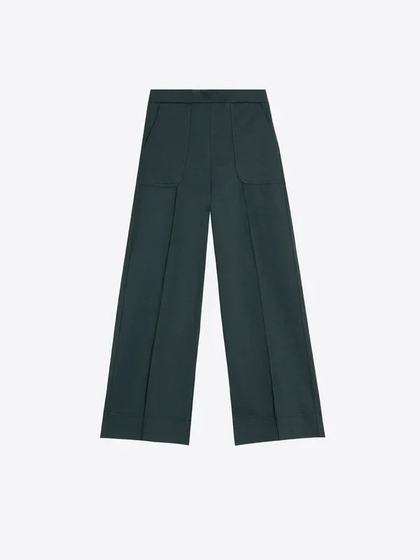 Dark green wide-leg designer trousers for women with front patch pockets