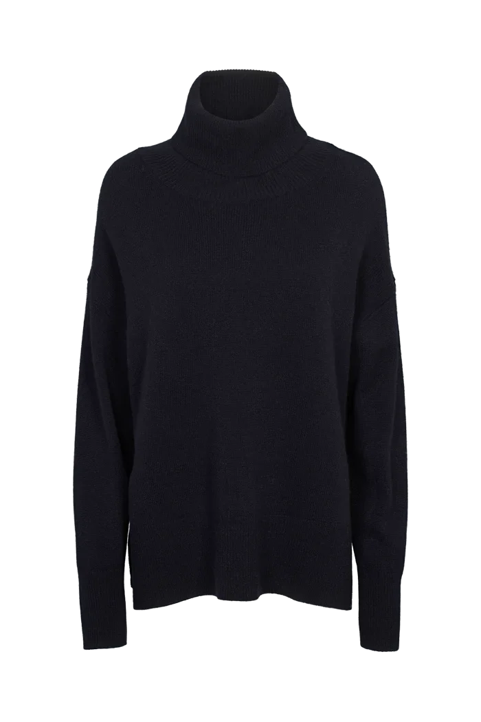 Women's navy blue turtleneck knit sweater