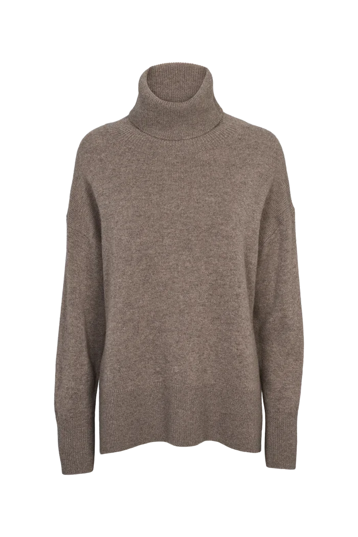 Taupe oversized knit turtleneck sweater for women
