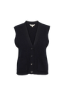 Navy blue ribbed knit v-neck cardigan vest with front button closure and pockets