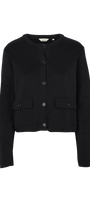 Black button-up knit cardigan with front pockets for women