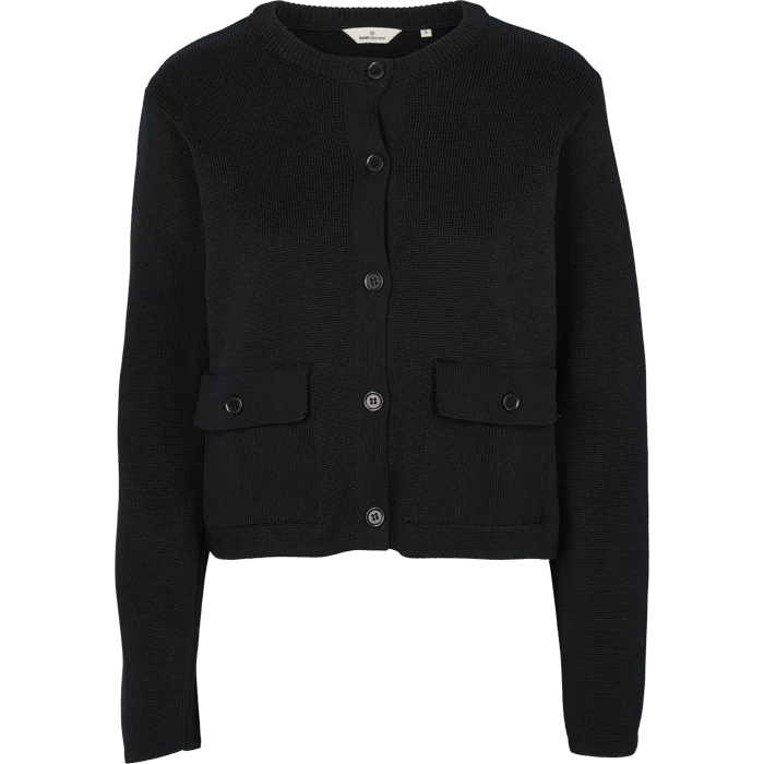 Black button-up knit cardigan with front pockets for women