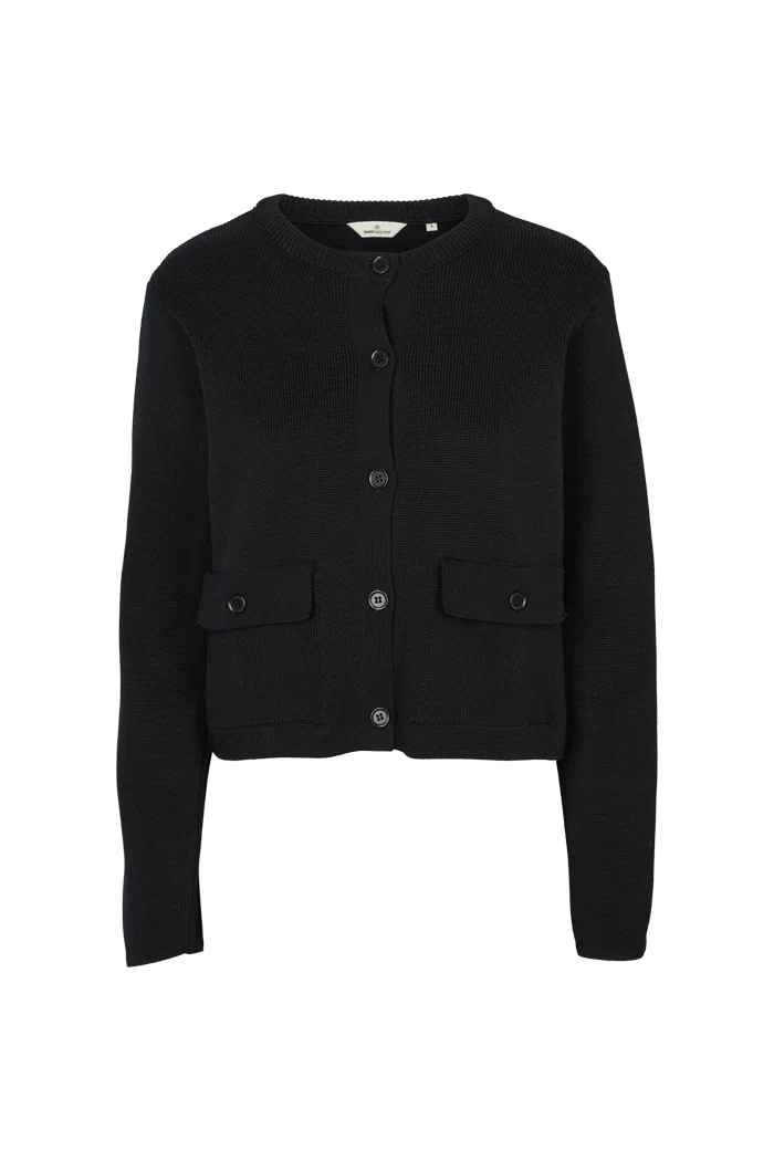 Black button-up knit cardigan with front pockets for women
